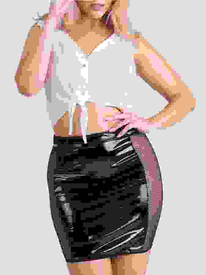 Lovehoney Fantasy Risky Business Top and Wet Look Skirt Set, Black, hi-res